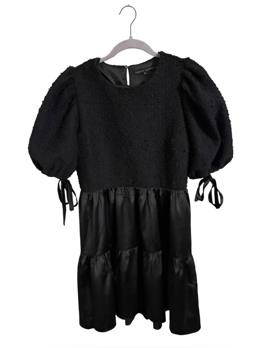 English Factory Black Puff Sleeve Satin Contrast‎ Mini Dress Medium